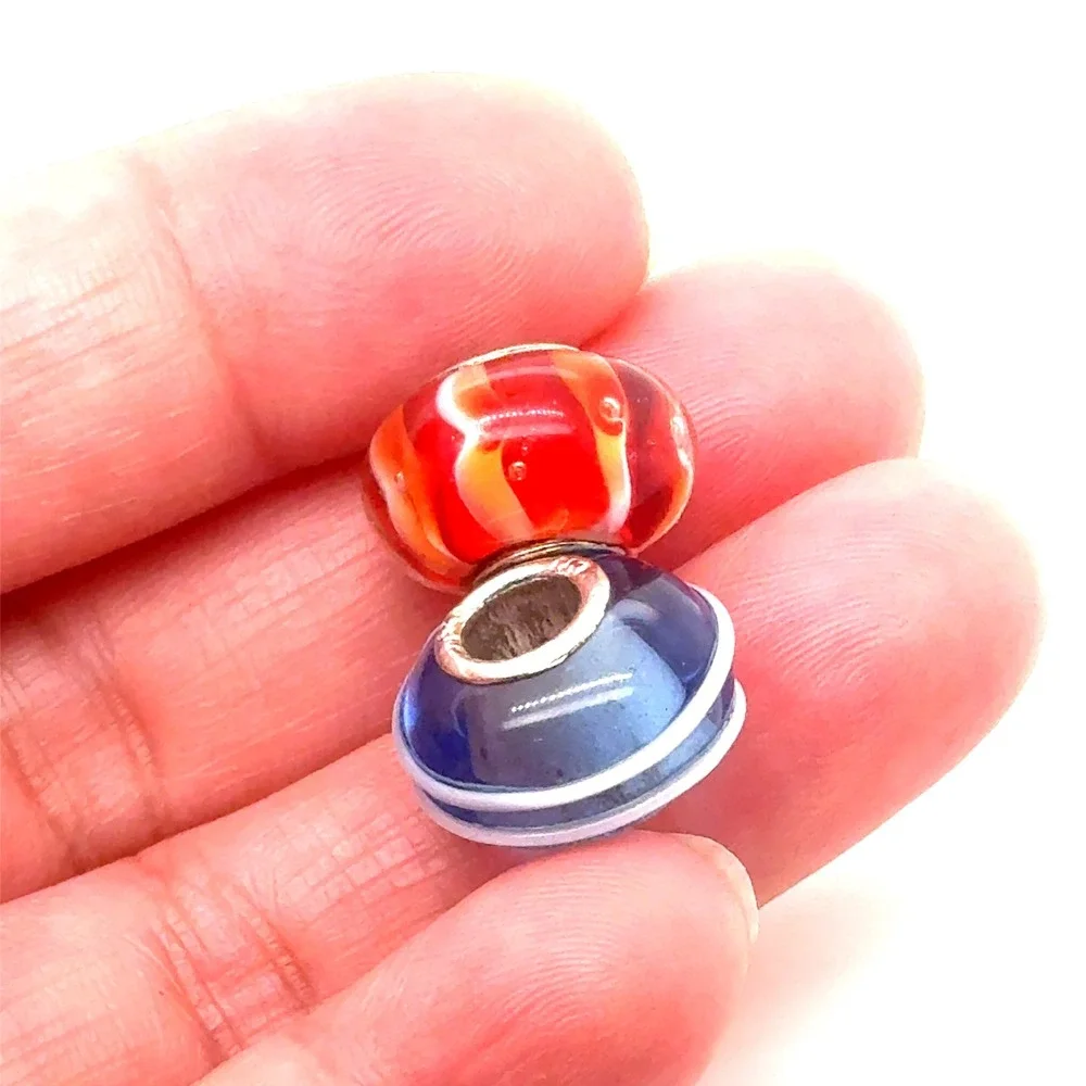 925 Sterling Silver Murano Glass Beads Blue Striped Red Swirl Charm Set of 2